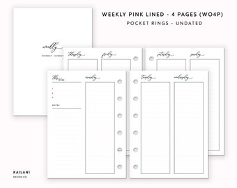 Pocket Rings Weekly Planner Inserts, Pink Lined, Undated (PDF Pattern)