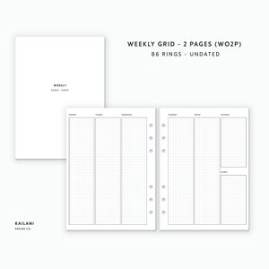 May include: A white planner insert with a weekly grid layout, featuring two pages for a week's overview. The text "WEEKLY GRID - 2 PAGES (WO2P)" and "B6 RINGS - UNDATED" are displayed. The planner is from KAILANI DESIGN CO.