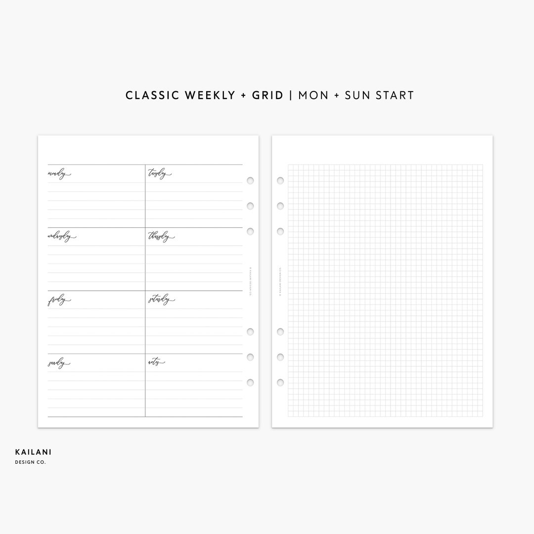 A5 Wide Undated Weekly Planner Inserts, Week on One Page With Grid (PDF ...