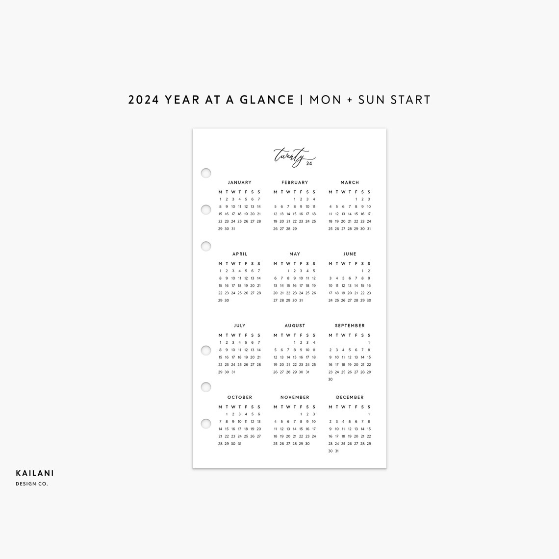 Personal 2024 Calendar Printable, 2024 Year at A Glance, Year on 1 Page ...