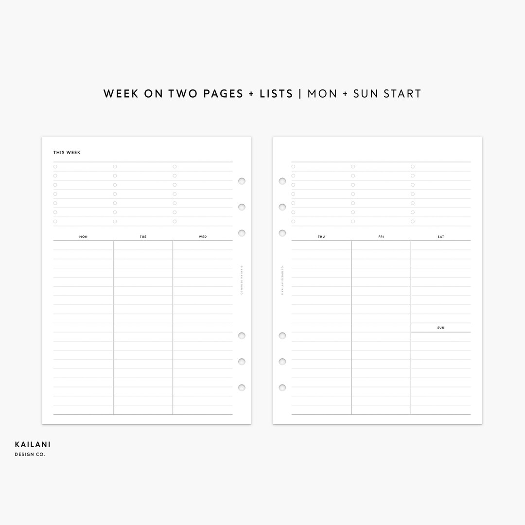 A5 Undated Weekly Planner Printable Planner Inserts, Week on Two Pages ...