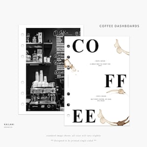 May include: A black and white photo of a coffee shop with a chalkboard menu listing various coffee drinks. The text "COFFEE DASHBOARDS" is written in black text on a white background with brown coffee stains. The text "CO" is in large black font with the text "FF" and "EE" below it. The text "KOFI/ NOUN - A GREAT WAY TO START THE DAY!" is written below "CO" and the text "KOFI/ NOUN - BUT FIRST COFFEE. MY HUG IN A MUG!" is written below "FF".
