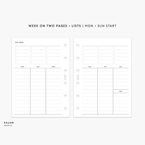 Pocket Rings Inserts, Week on Two Pages, WO2P, Undated Weekly, Weekly Agenda, Printable Weekly Planner, Minimalist, Pocket Inserts Printable