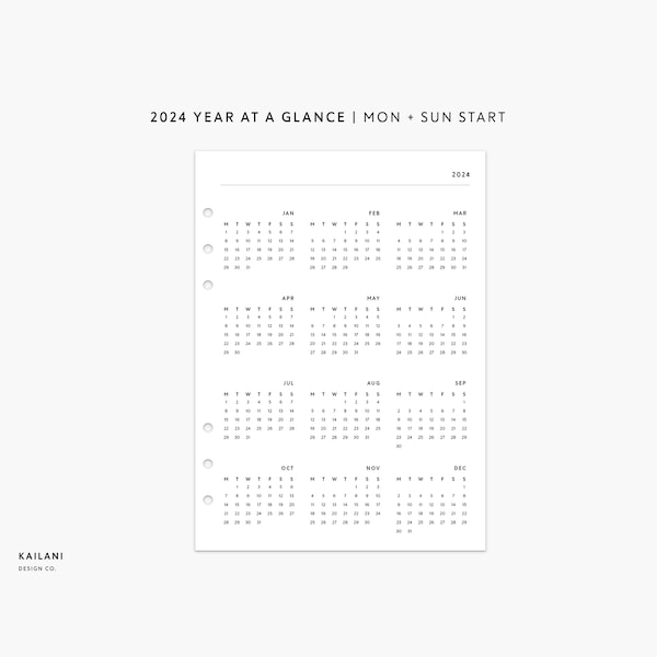 A5 2024 Year at a glance, 2024 Calendar Printable, Year on 1 Page, A5 Calendar, Printable Insert, Printable Inserts, 2024 A5 Agenda