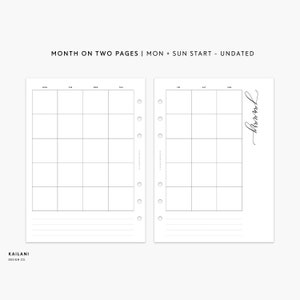 B6 UNDATED Monthly Insert Printable, Month on Two Pages, B6 Rings, Monday + Sunday Start