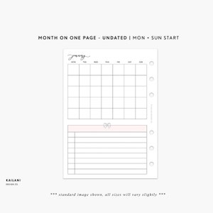 May include: A printable monthly planner page with a calendar grid for January and a notes section. The calendar grid is set up with Monday and Sunday starting the week. The text "MONTH ON ONE PAGE - UNDATED | MON + SUN START" is at the top of the page.