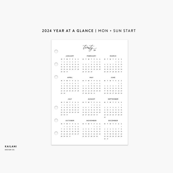 A6 2024 Calendar Printable, 2024 Year At A Glance, Year on 1 Page, Yearly Calendar, Printable Insert, A6 Rings Insert