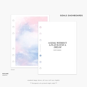 May include: A printable planner cover with a pink and blue watercolor background with white stars. The text "A goal without a plan is just a dream - start planning -" is on the right side of the image.