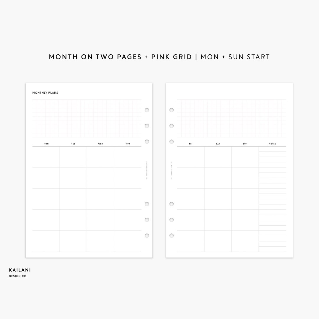 A5 Monthly Planner Printable Insert, UNDATED Month on Two Pages ...