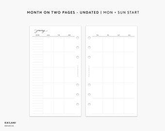 Personal Size Monthly Planner Inserts, Undated Month on Two Pages (PDF Printable)