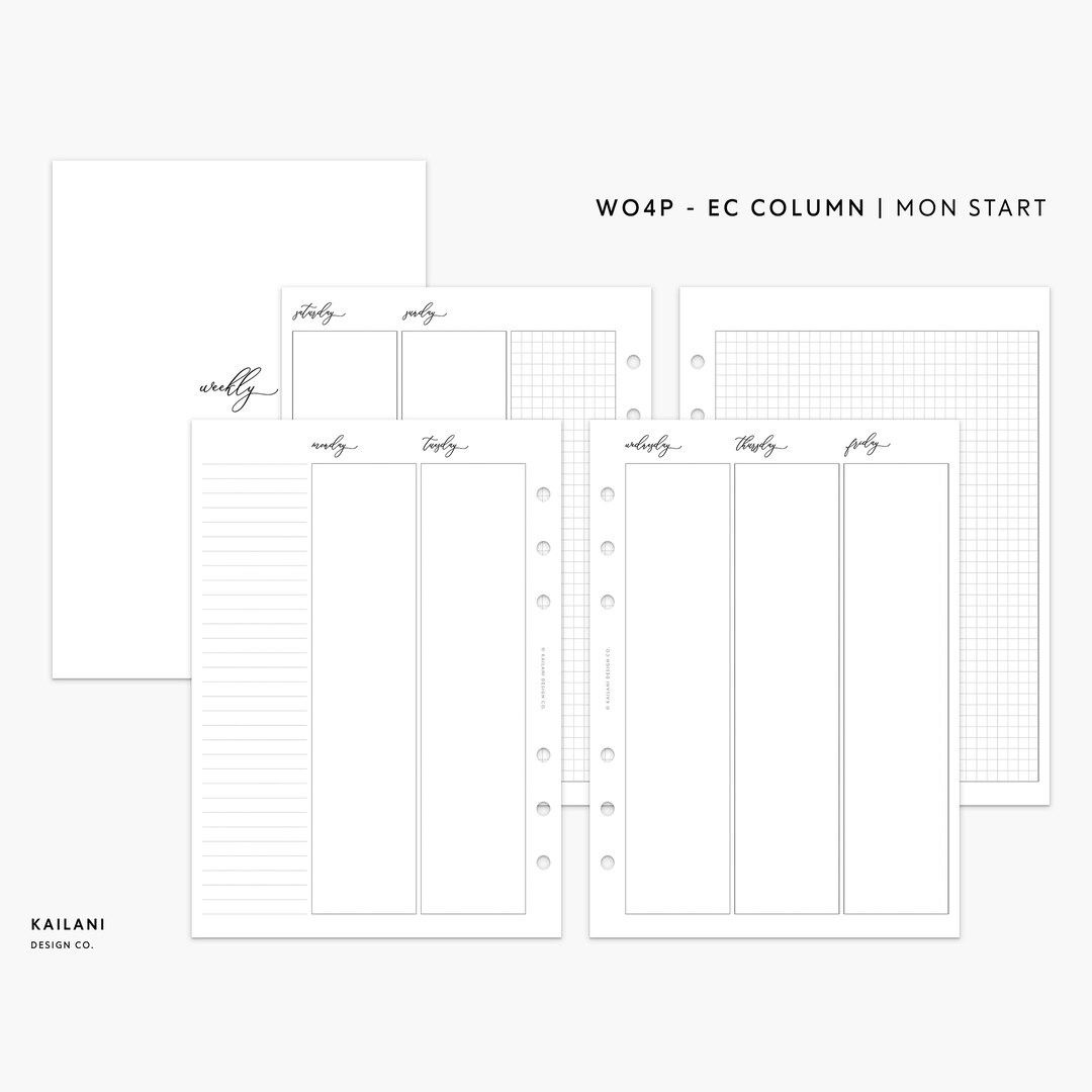 B6 Rings Weekly Planner Inserts, WO4P, Erin Condren Inserts, Week on 4