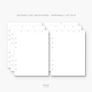 A5 Editable Dividers, Printable Divider Tabs, Top Tab Dividers - Set of 6 - PDF - PNG