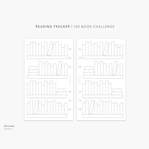 May include: A printable reading tracker with a bookshelf design. The tracker is divided into two pages, each with four shelves. The text "READING TRACKER | 100 BOOK CHALLENGE" is at the top of the page.