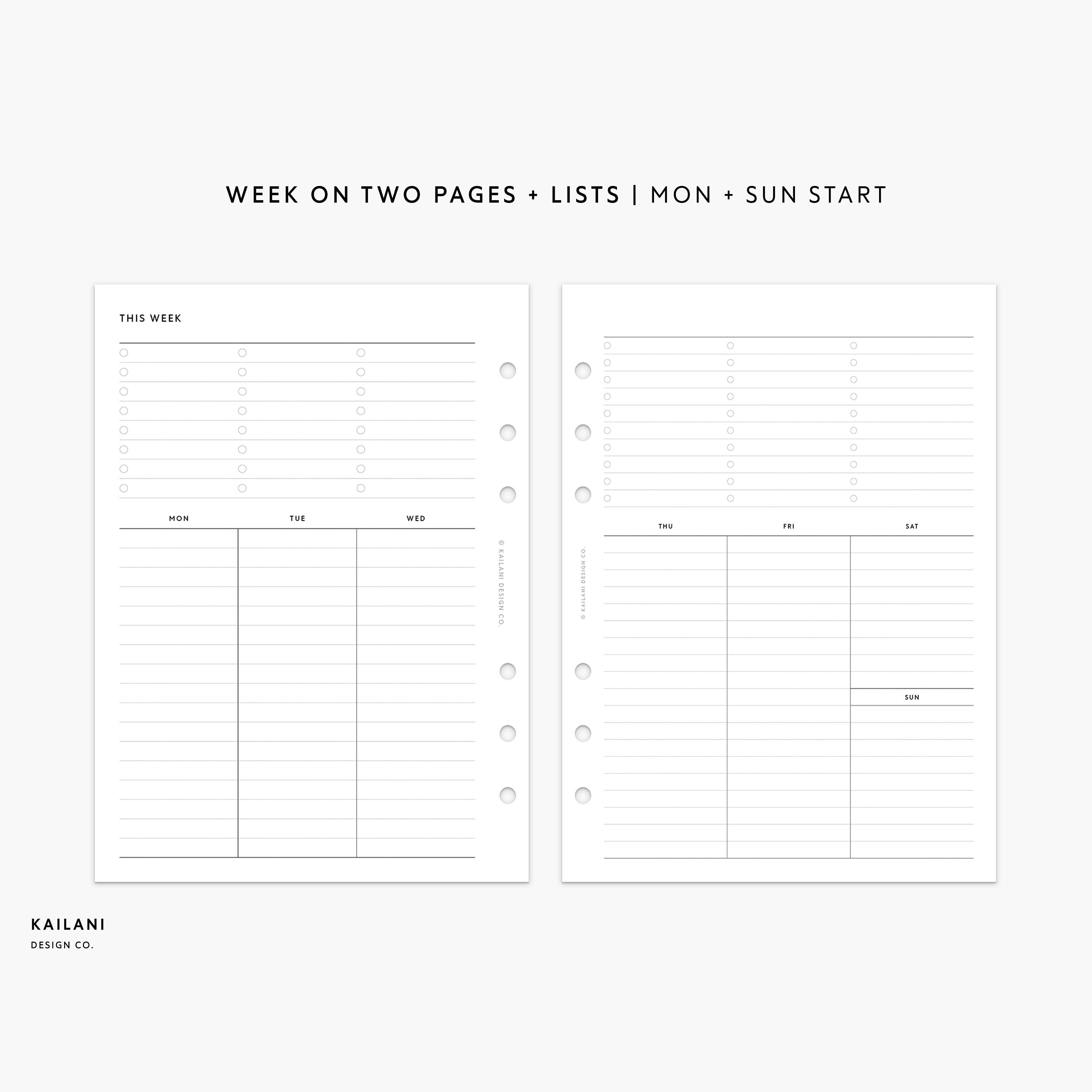 B6 Rings Undated Weekly Planner Inserts, Week on Two Pages, WO2P ...