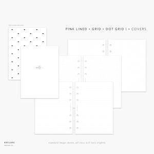 May include: Two printable covers for a planner or notebook. One cover features a heart pattern and the other has the word "roty" written in cursive. The image also shows several pages of planner inserts with lined, grid, and dot grid patterns.