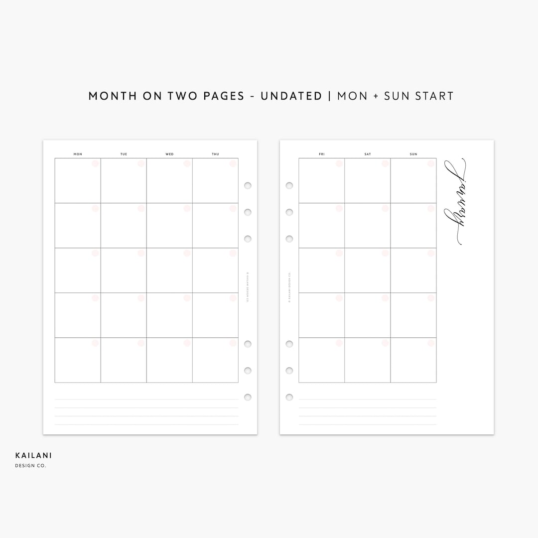 A5 UNDATED Monthly Planner Printable Insert, Month on Two Pages ...