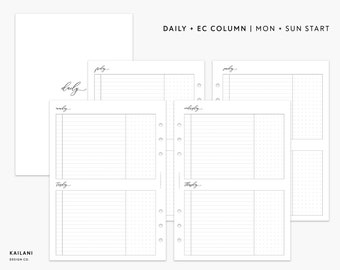May include: A printable planner page with a daily, weekly, and monthly layout. The page is designed for use with a disc-bound planner and includes a column for extra notes. The text "DAILY + EC COLUMN | MON + SUN START" is printed at the top of the page.