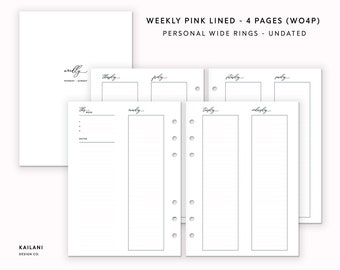 Personal Wide Weekly Planner Inserts, Pink Lined (Digital Download)