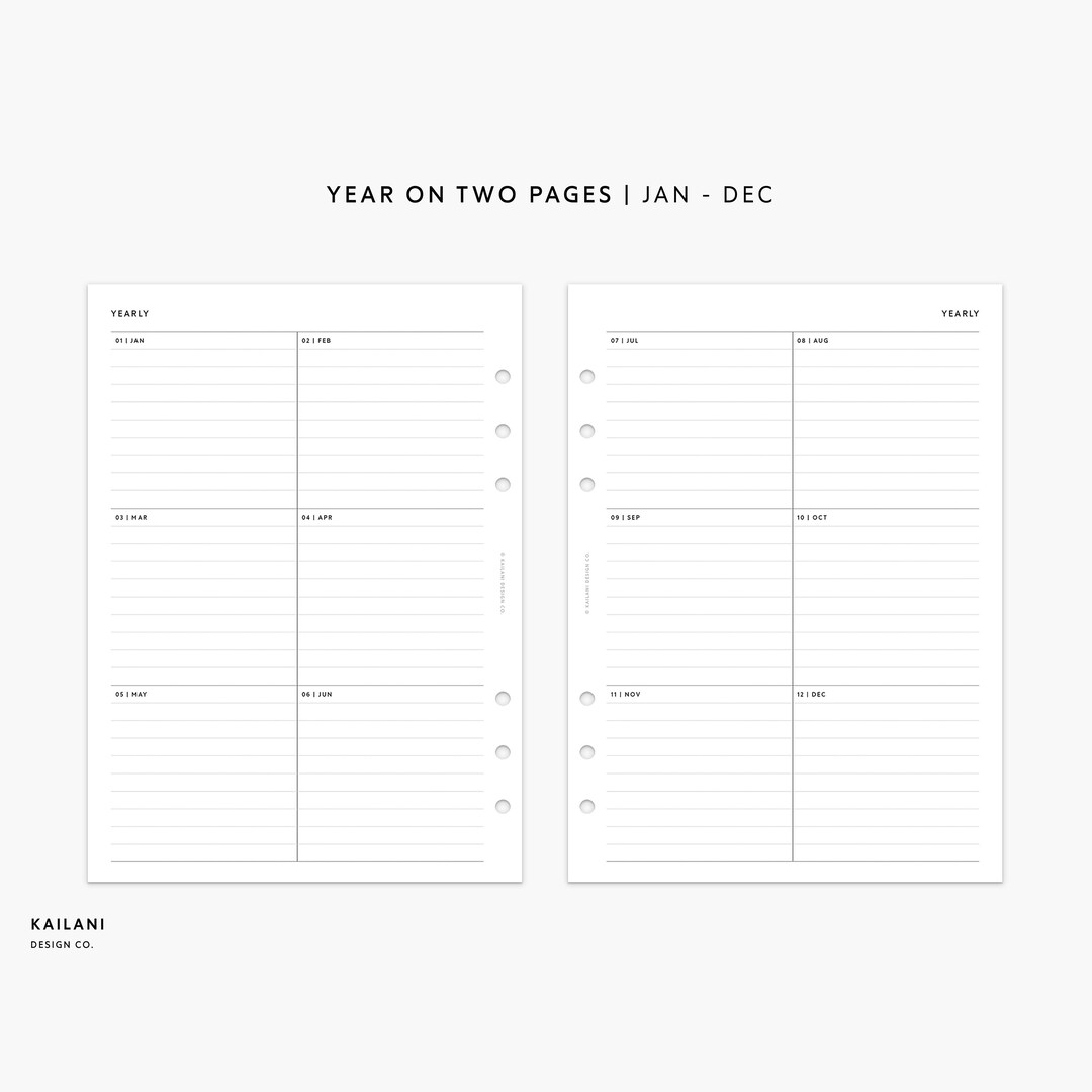 A5 Rings Year on Two Pages, YO2P, Year at A Glance Insert, Printable ...