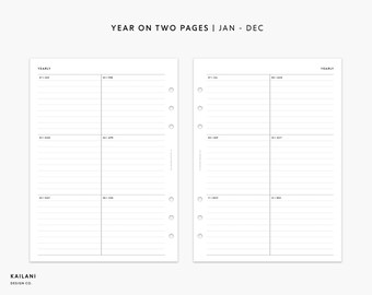Puede incluir: Una página de planificador imprimible en blanco y negro con el texto "YEAR ON TWO PAGES | JAN - DEC" en la parte superior. La página está dividida en dos columnas, cada una con seis filas. Los meses del año se enumeran en la primera columna, con las fechas correspondientes en la segunda columna. El texto "YEARLY" aparece en la parte superior de cada columna.