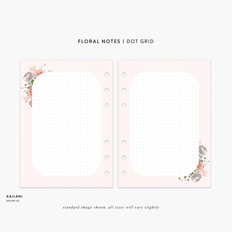 May include: Two pink pages with a dot grid pattern and a floral design in the corner. The text "FLORAL NOTES | DOT GRID" is at the top of the page. The text "KAILANI DESIGN CO." is at the bottom of the page. The text "standard image shown, all sizes will vary slightly" is at the bottom of the page.