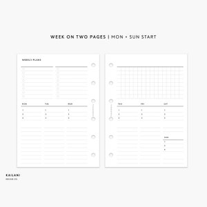 Pocket Rings Inserts, Week on Two Pages, WO2P, Undated Weekly, Weekly Agenda, Printable Weekly Planner, Minimalist, Pocket Inserts Printable