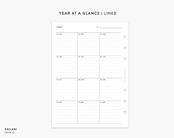 May include: A black and white printable yearly planner with lined sections for each month. The planner has the text "YEAR AT A GLANCE | LINED" at the top and "YEARLY" at the top left corner. The months are listed in order from January to December.