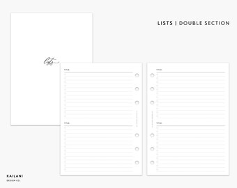 May include: A printable planner page with the title "LISTS | DOUBLE SECTION". The page is divided into two sections, each with a title line and lined space for writing lists.