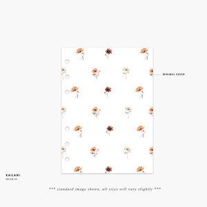 May include: A white planner cover with a floral pattern featuring small brown, orange, and white flowers. The text "MINIMAL COVER" is at the top right corner of the image.