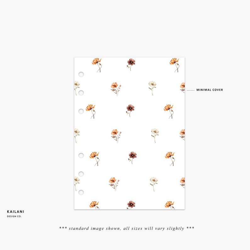 May include: A white planner cover with a floral pattern featuring small brown, orange, and white flowers. The text "MINIMAL COVER" is at the top right corner of the image.