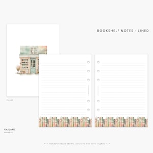 May include: A printable set of lined notebook pages with a whimsical illustration of a bookstore on the cover. The pages feature a border of stacked books with a watercolor design.