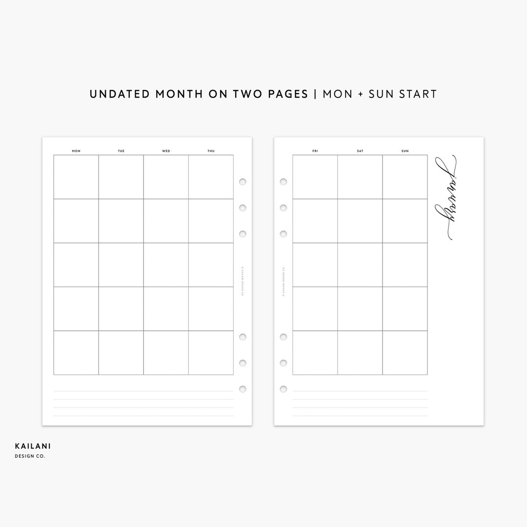 A5 undated monthly planner printable insert month on two etsy