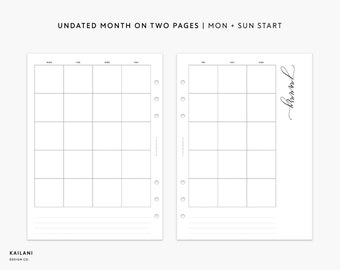 A5 UNDATED Monthly Planner Printable Insert, Month on Two Pages Printable, Printable Monthly Planner Inserts, Monday + Sunday Start