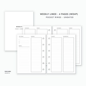 Pocket Rings Inserts, Weekly Planner Inserts, Weekly Agenda, Printable Weekly Planner, Undated Weekly, Minimalist, Pocket Inserts Printable