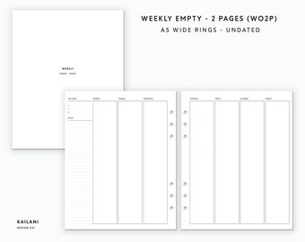 A5 Wide Weekly Planner Inserts, Erin Condren Inserts, Week on Two Pages, Printable Weekly Planner, Undated Weekly, A5 Wide Insert