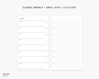 May include: A printable planner page with a weekly schedule on the left and a grid on the right. The text "CLASSIC WEEKLY + GRID | MON - SUN START" is at the top of the page.