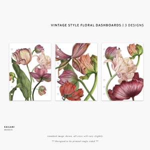 Puede incluir: Tres diseños de tablero de instrumentos florales imprimibles con ilustraciones de estilo vintage de tulipes y amapolas en tonos de rosa, rojo y blanco.