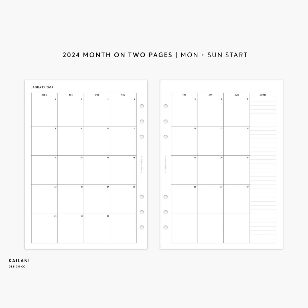 2024 A5 Monthly Planner Printable Insert, Month on Two Pages Printable ...