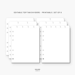 A6 Editable Dividers, Printable Divider Tabs, Top Tab Dividers - Set of 6 - PDF - PNG
