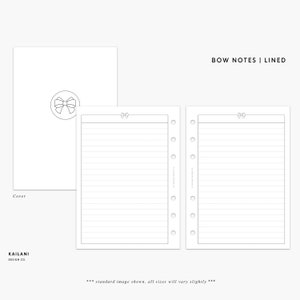 May include: A set of lined notebook pages with a bow design at the top. The cover page has a bow design in a circle. The text "BOW NOTES | LINED" is at the top of the page. The text "Cover" is at the bottom left of the page. The text "KAILANI DESIGN CO." is at the bottom left of the page.