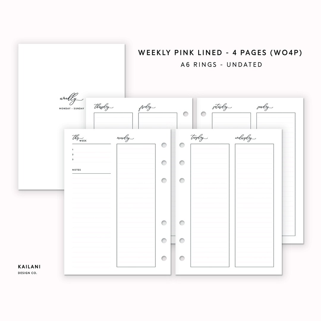 A6 Weekly Planner Inserts, Pink Lined, Week on 4 Pages (PDF Pattern) - Etsy
