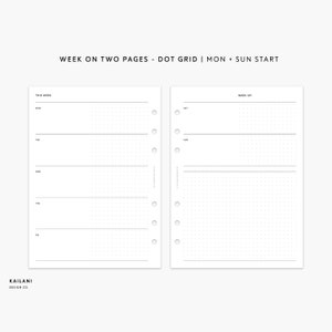 B6 Rings Undated Weekly Planner Inserts, Week on Two Pages, WO2P, Printable Weekly Planner, Undated Weekly, B6 Inserts, B6 DOT GRID