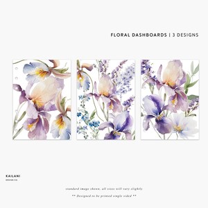 May include: Three watercolor floral designs featuring purple and yellow irises with green leaves on a white background. The designs are for printable dashboards.
