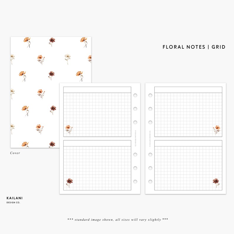 May include: A printable planner insert with a floral cover and gridded pages. The cover features a white background with a repeating pattern of small orange and brown flowers. The pages are divided into four sections with a grid pattern. The text "FLORAL NOTES | GRID" is printed at the top of the page.