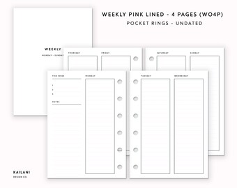 Pocket Rings Weekly Planner Inserts, Pink Lined, Undated (PDF Pattern)