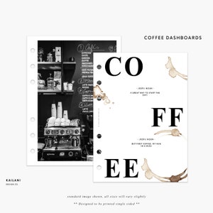 Puede incluir: Una foto en blanco y negro de una cafetería con un menú en una pizarra que enumera varias bebidas de café. El texto "COFFEE DASHBOARDS" está en la parte superior de la página. Las palabras "CO", "FF" y "EE" están escritas en letras grandes, negritas y negras con manchas de café marrones a su alrededor. El texto "KOFI/ NOUN - A GREAT WAY TO START THE DAY!" está debajo de "CO". El texto "KOFI/ NOUN - BUT FIRST COFFEE. MY HUG IN A MUG!" está debajo de "FF".