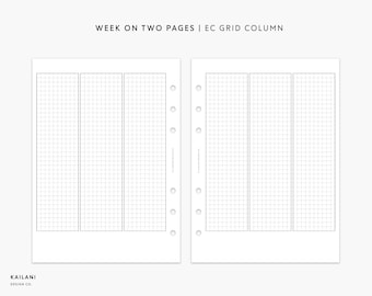 May include: Two white planner pages with a grid layout for weekly scheduling. Each page features a "Week on Two Pages" design with EC grid columns. The pages are from Kailani Design Co.