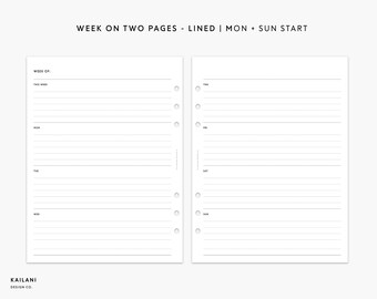 Könnte beinhalten: Eine druckbare Planerseite mit einem linierten Layout für eine Woche auf zwei Seiten. Die Seite ist so konzipiert, dass sie mit Montag beginnt und mit Sonntag endet. Der Text "WEEK ON TWO PAGES - LINED | MON + SUN START" befindet sich oben auf der Seite.