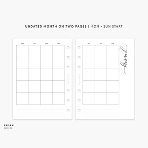 UNDATED Monthly Planner, A6 Insert Printable, Month on Two Pages, Printable Minimalist, Month on 2 Pages, MONDAY + SUNDAY Start