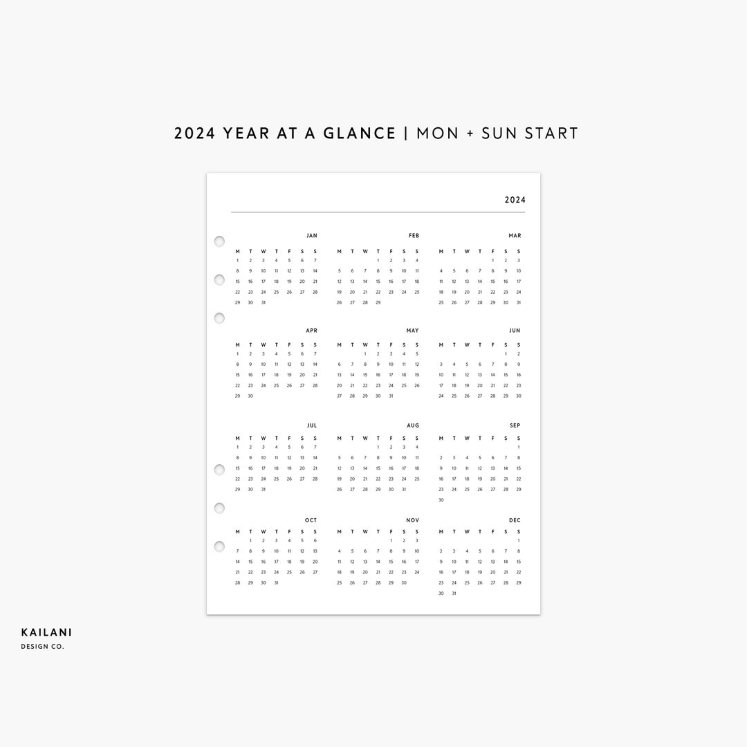 A5 Wide 2024 Calendar Printable, 2024 Year at A Glance, Year on 1 Page